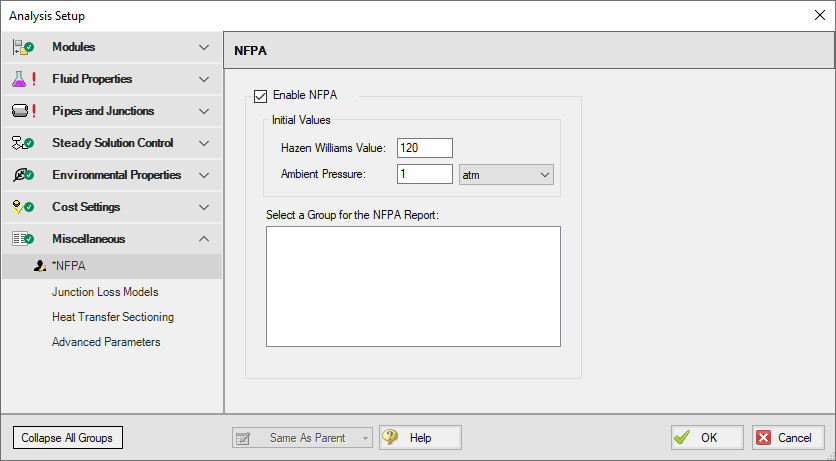 The NFPA Configuration panel in the User Options window. The box for Enable NFPA is checked.